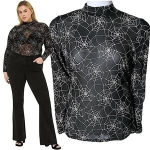 TORRID Spider-Web Print Semi-Sheer Long Sleeve Mesh Mock Neck‎ Blouse NWT